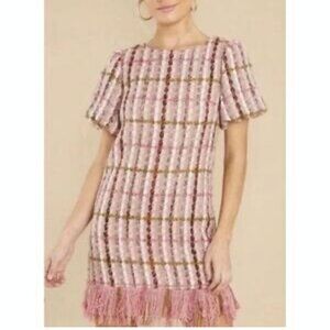 NWT Aura tweed sheath dress with balloon sleeves and fringe bottom size Medium